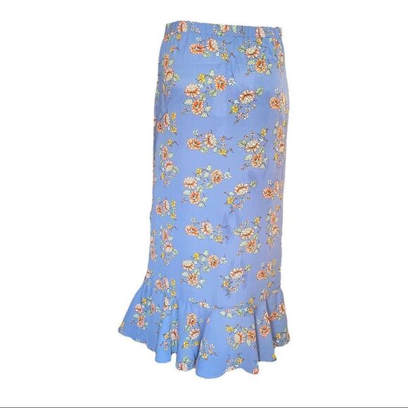 NEW Max Studio Bubble Crepe Side Cinched Skirt Blue Floral Ruffle Wrap Women M - Picture 3 of 9